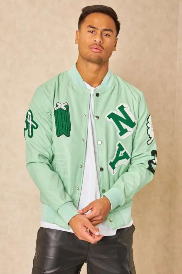Men Bomber En Simili Cuir Vert Clair Brode 034Ny034 Vertclair Brentiny Paris Jackets