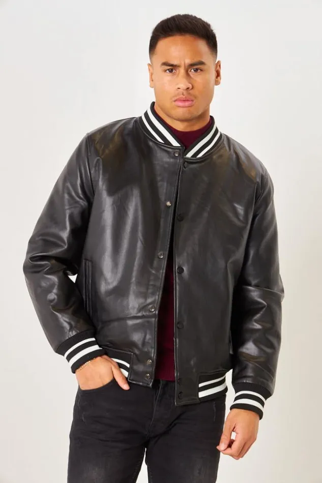 Men Bomber Noir En Simili Cuir Black Brentiny Paris Jackets