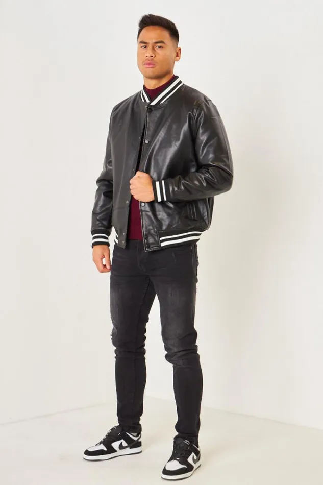 Men Bomber Noir En Simili Cuir Black Brentiny Paris Jackets