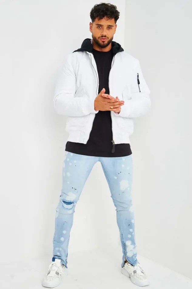 Men Bomber pais Blanc Avec Capuche Noire En Coton Amovible White Brentiny Paris Jackets