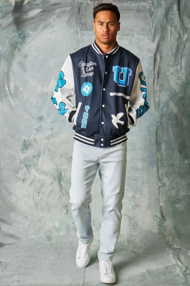 Men Bomber Universitaire Logo Noir Et Blanc Black Brentiny Paris Jackets