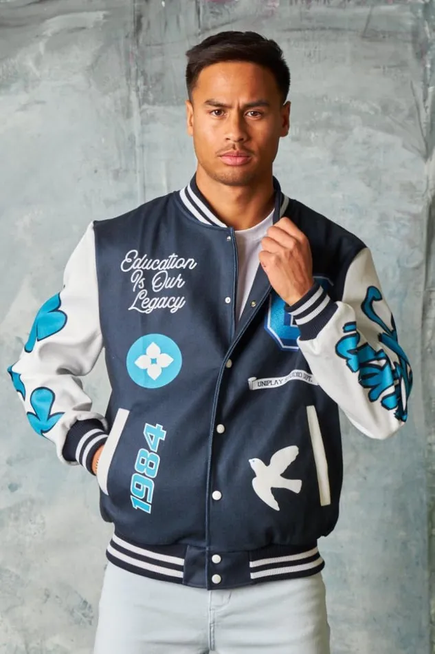 Men Bomber Universitaire Logo Noir Et Blanc Black Brentiny Paris Jackets