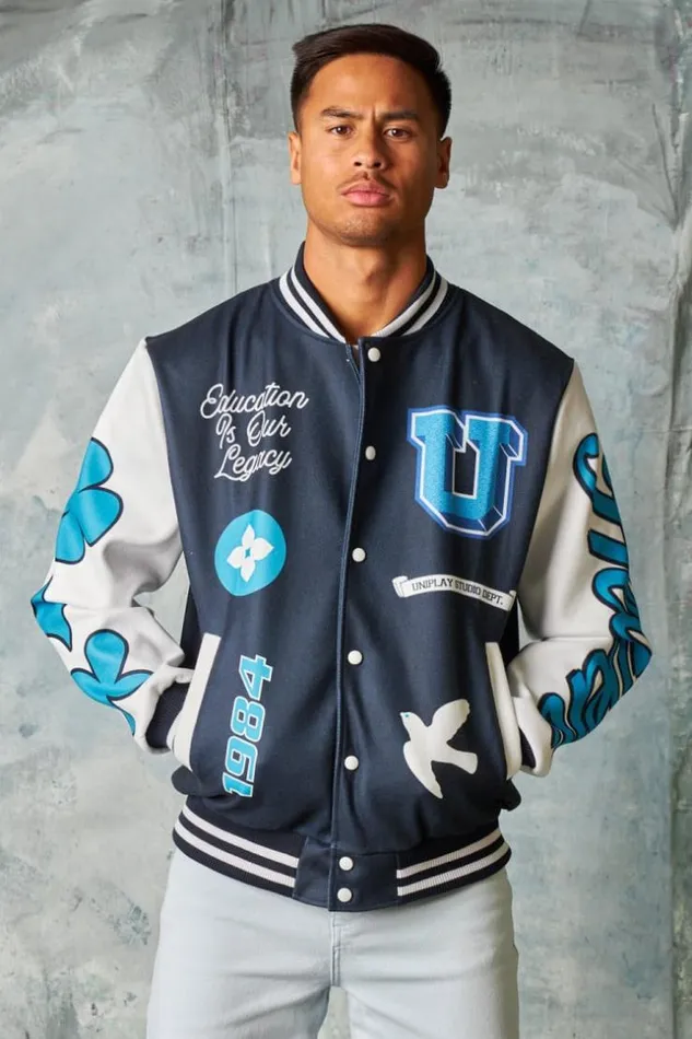 Men Bomber Universitaire Logo Noir Et Blanc Black Brentiny Paris Jackets