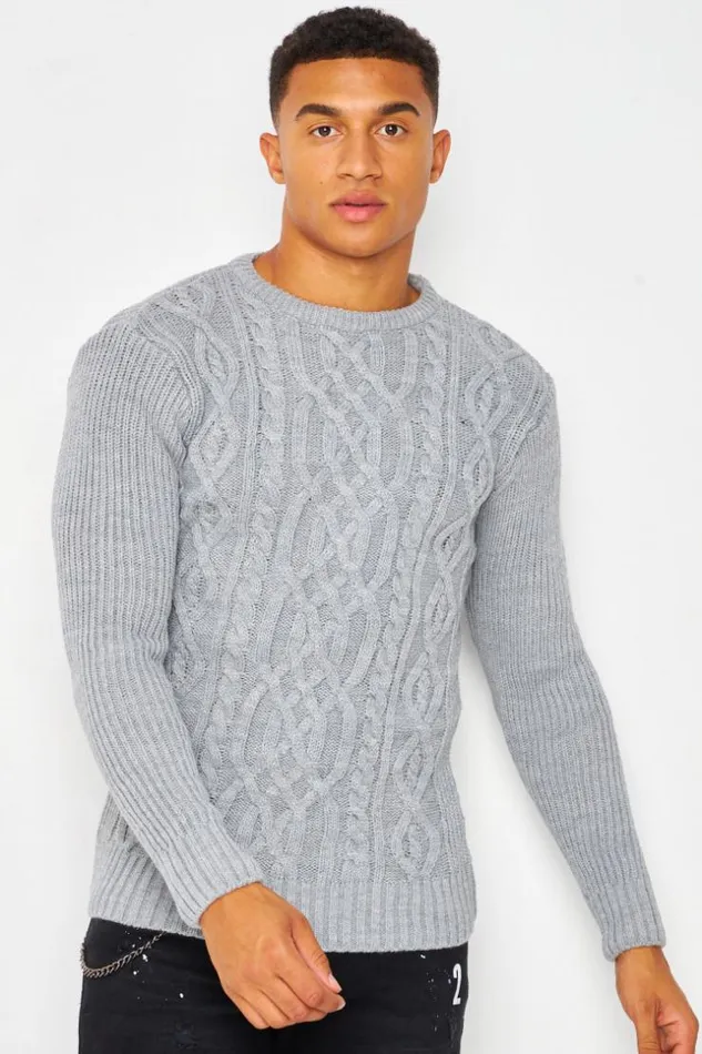 Men Cable Knit Crew Neck Jumper In Grey Grey Brentiny Paris Sweatshirts and Pullovers