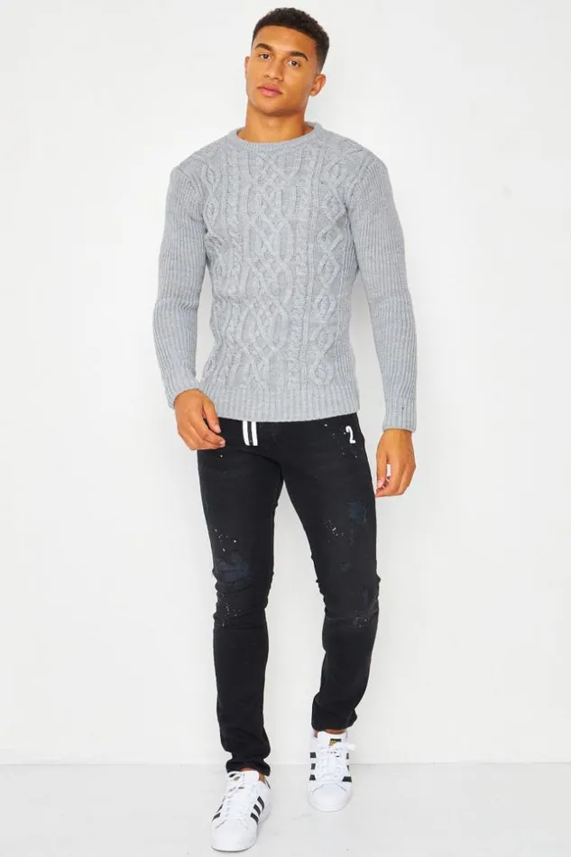 Men Cable Knit Crew Neck Jumper In Grey Grey Brentiny Paris Sweatshirts and Pullovers