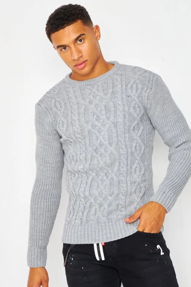 Men Cable Knit Crew Neck Jumper In Grey Grey Brentiny Paris Sweatshirts and Pullovers