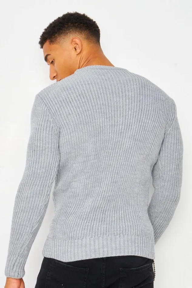Men Cable Knit Crew Neck Jumper In Grey Grey Brentiny Paris Sweatshirts and Pullovers