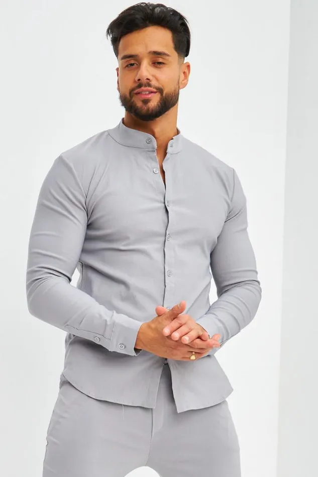 Men Chemise Grise Col Mao Coupe Slim Grey Brentiny Paris Shirts