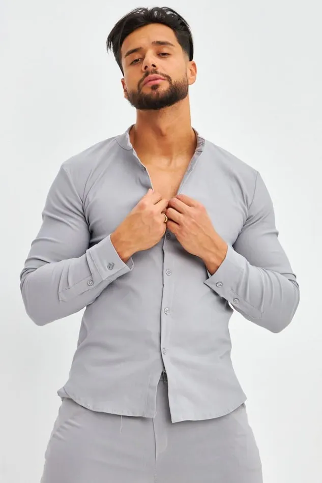 Men Chemise Grise Col Mao Coupe Slim Grey Brentiny Paris Shirts