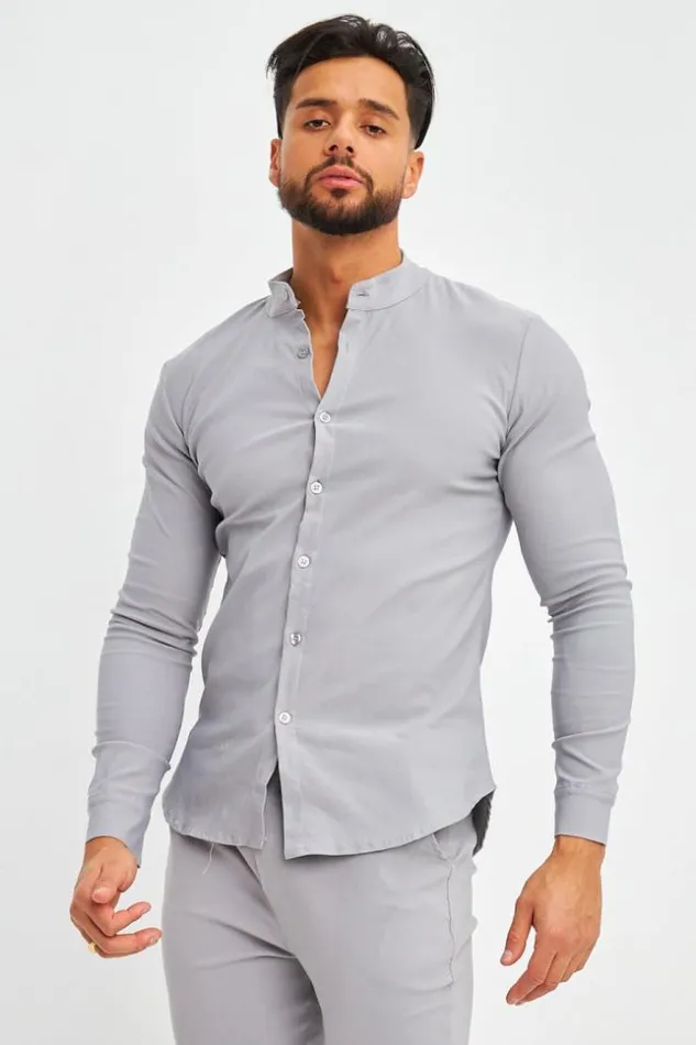 Men Chemise Grise Col Mao Coupe Slim Grey Brentiny Paris Shirts