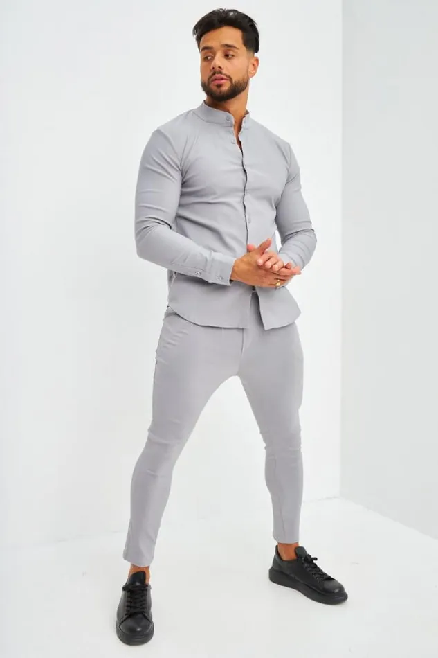 Men Chemise Grise Col Mao Coupe Slim Grey Brentiny Paris Shirts