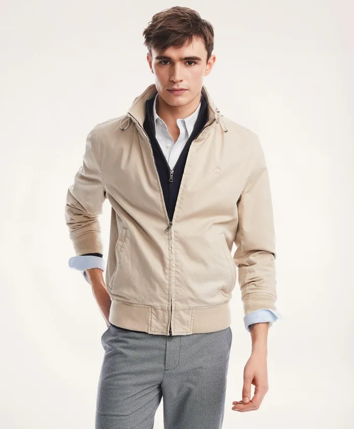 Men Cotton Bomber Jacket Dark Beige Brooks Brothers Coats and Jackets