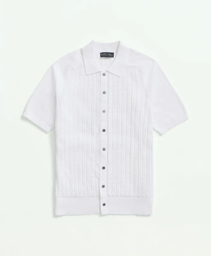 Men Cotton CableKnit ShortSleeve Polo Sweater White Brooks Brothers Sweaters