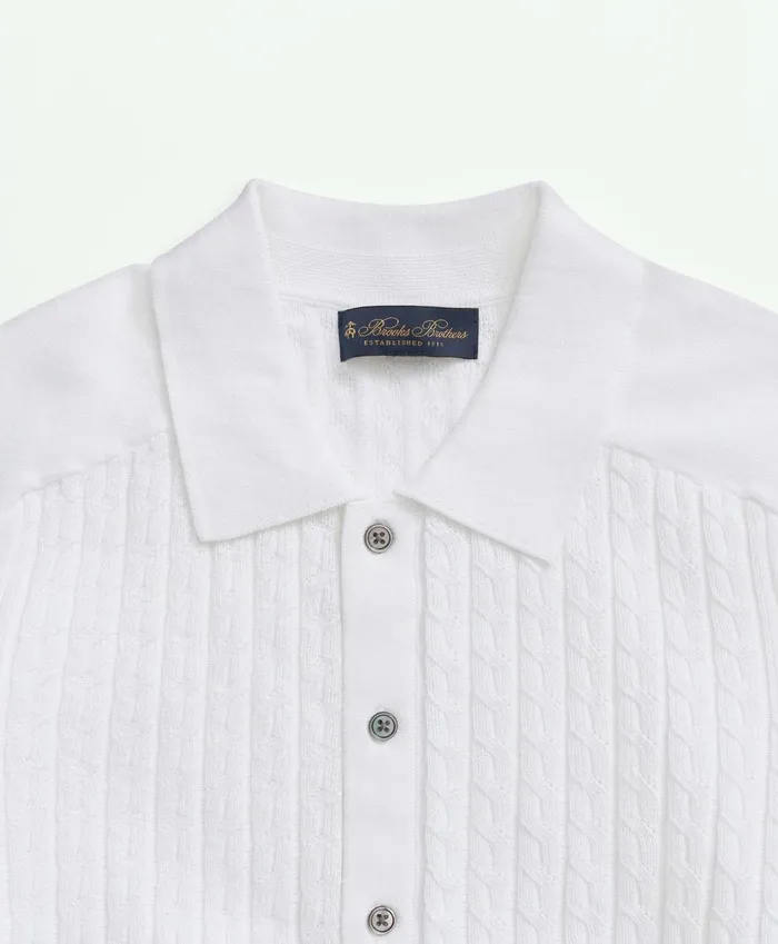 Men Cotton CableKnit ShortSleeve Polo Sweater White Brooks Brothers Sweaters