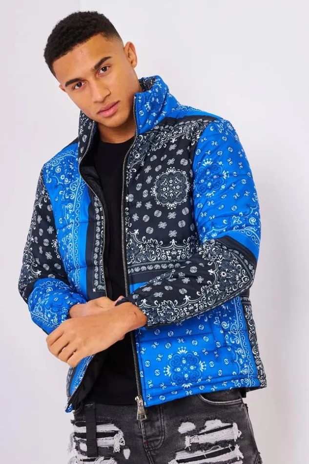 Men Down Jacket With Paisley Print In Black And Blue Black Brentiny Paris Parkas And Down Jackets