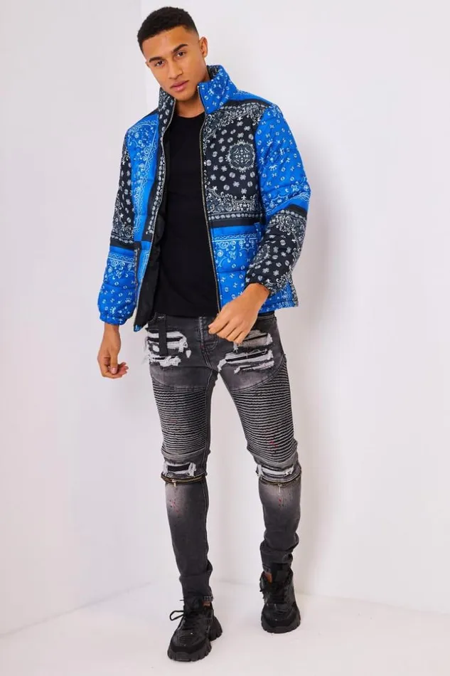 Men Down Jacket With Paisley Print In Black And Blue Black Brentiny Paris Parkas And Down Jackets