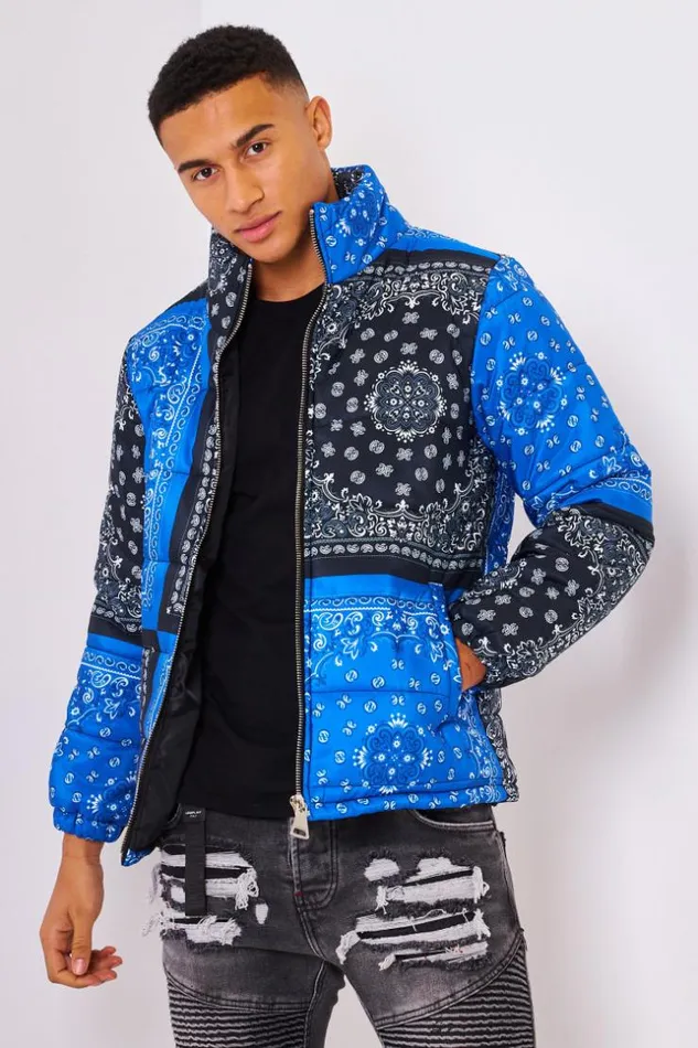 Men Down Jacket With Paisley Print In Black And Blue Black Brentiny Paris Parkas And Down Jackets