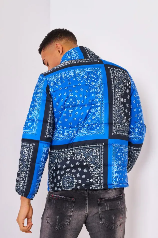 Men Down Jacket With Paisley Print In Black And Blue Black Brentiny Paris Parkas And Down Jackets