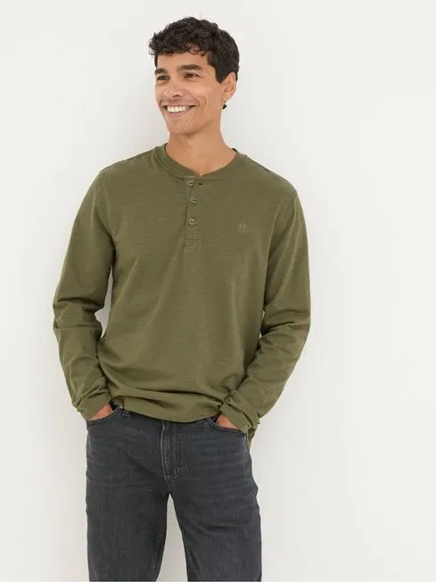 Men Fatface Loungewear Woodside Khaki Green Long Sleeve Henley T Shirt