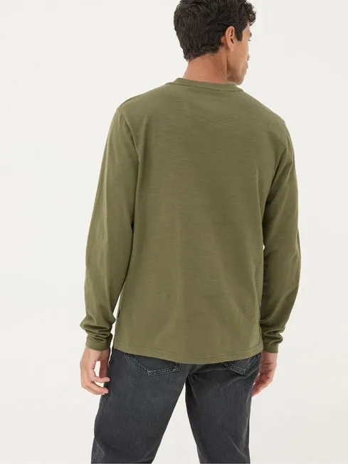 Men Fatface Loungewear Woodside Khaki Green Long Sleeve Henley T Shirt