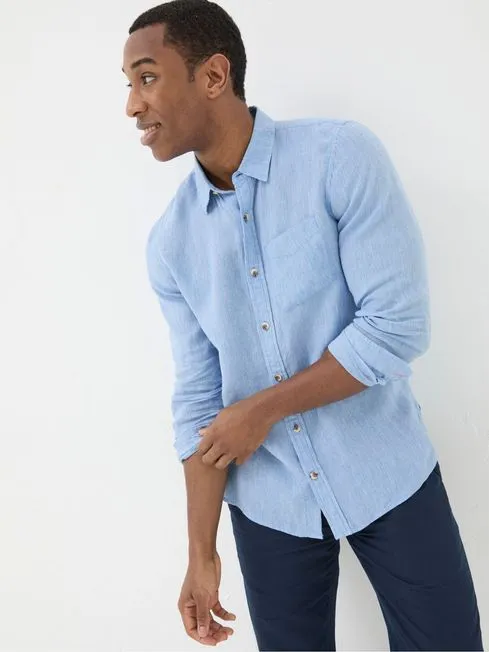 Men Fatface Shirts Blue Long Sleeve Fine Stripe Linen Shirt