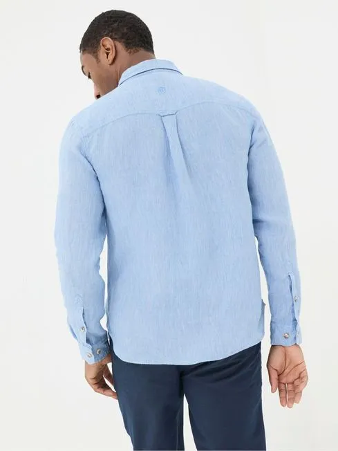 Men Fatface Shirts Blue Long Sleeve Fine Stripe Linen Shirt