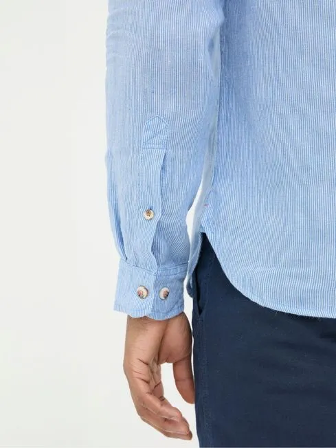 Men Fatface Shirts Blue Long Sleeve Fine Stripe Linen Shirt
