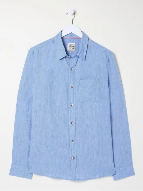 Men Fatface Shirts Blue Long Sleeve Fine Stripe Linen Shirt