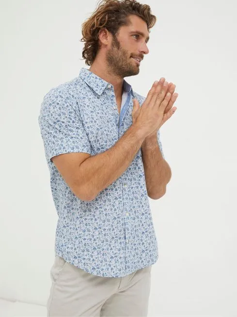 Men Fatface Shirts Blue Short Sleeve Floral Print Shirt