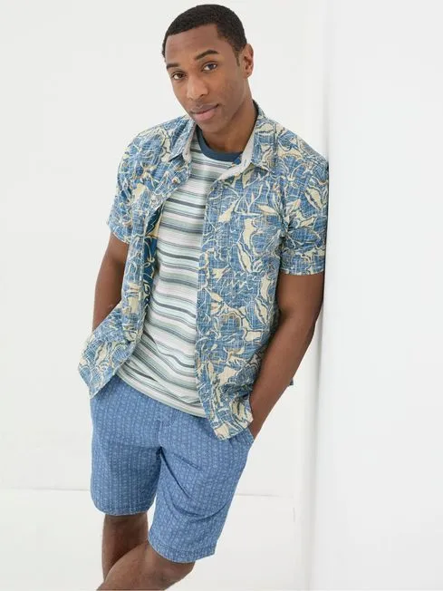Men Fatface Shirts Blue Vintage Tropical Print Shirt