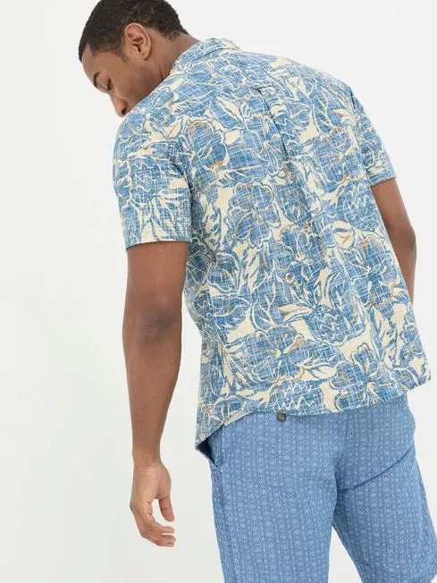 Men Fatface Shirts Blue Vintage Tropical Print Shirt