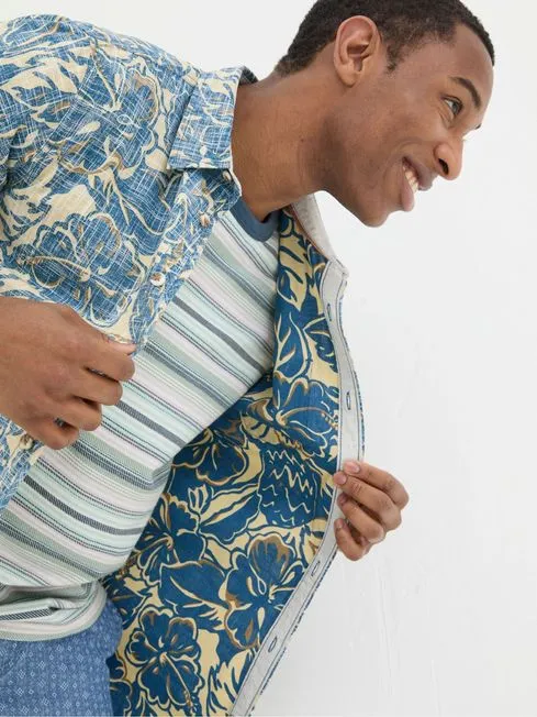 Men Fatface Shirts Blue Vintage Tropical Print Shirt