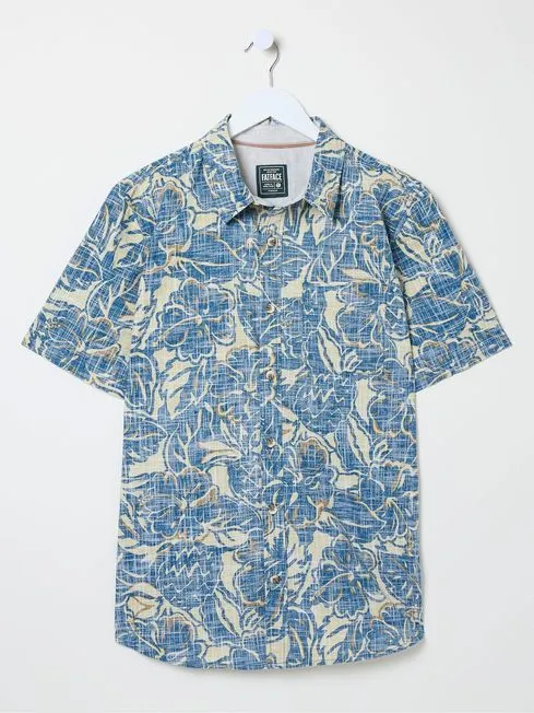 Men Fatface Shirts Blue Vintage Tropical Print Shirt