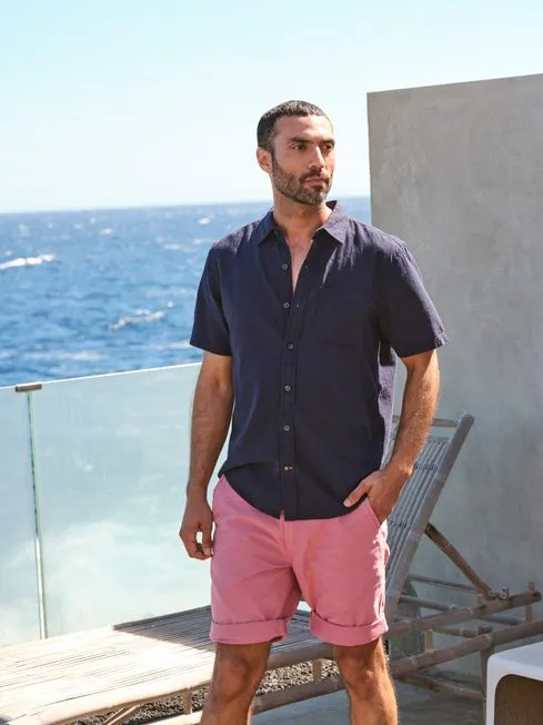 Men Fatface Shirts Bugle Navy Blue Linen Cotton Shirt
