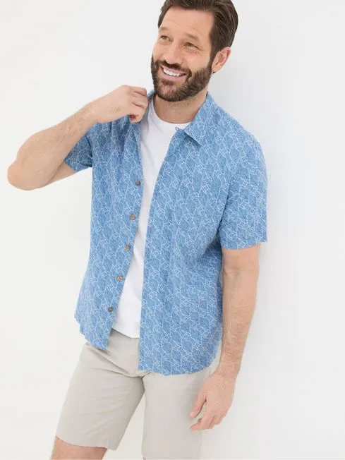 Men Fatface Shirts Dempsey Blue Leaf Print Linen Blend Shirt