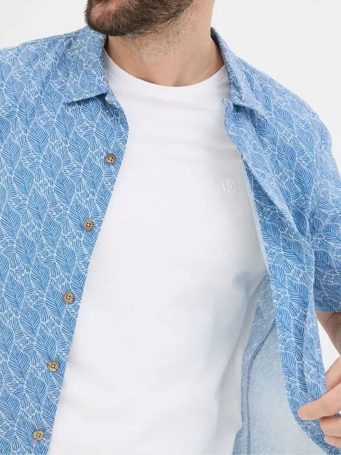 Men Fatface Shirts Dempsey Blue Leaf Print Linen Blend Shirt