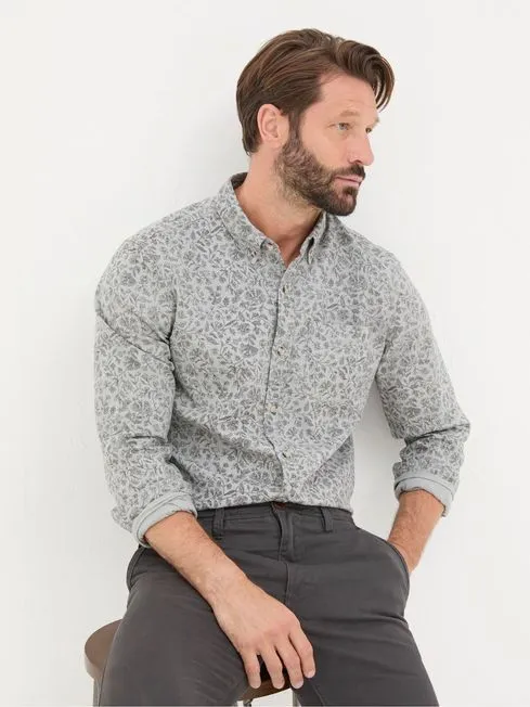 Men Fatface Shirts Grey Long Sleeve Sketch Floral Print Shirt