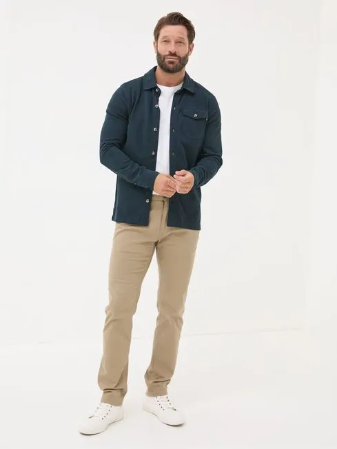 Men Fatface Shirts Navy Blue Long Sleeve Pique Shirt
