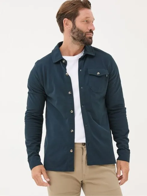 Men Fatface Shirts Navy Blue Long Sleeve Pique Shirt