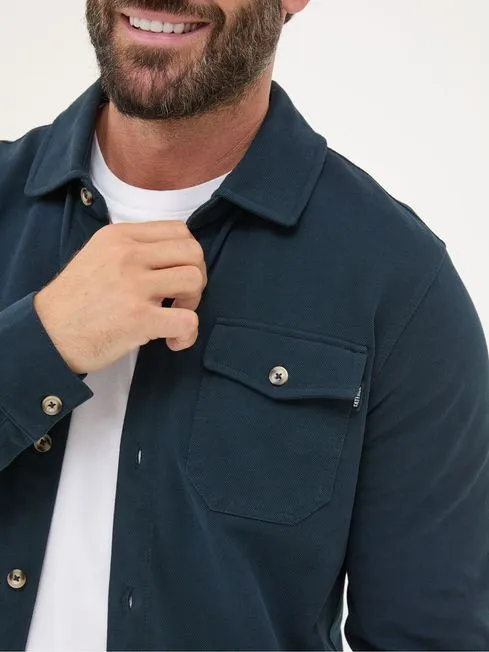 Men Fatface Shirts Navy Blue Long Sleeve Pique Shirt