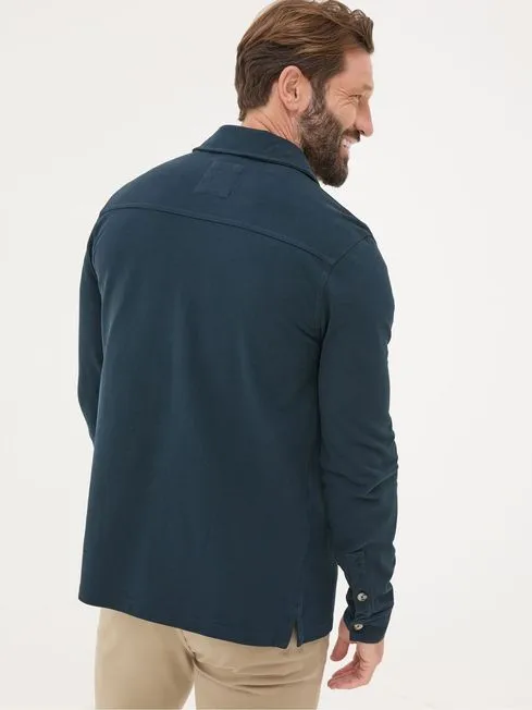 Men Fatface Shirts Navy Blue Long Sleeve Pique Shirt