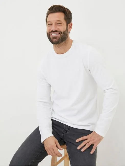 Men Fatface TShirts White Long Sleeve Lulworth Crew Neck TShirt