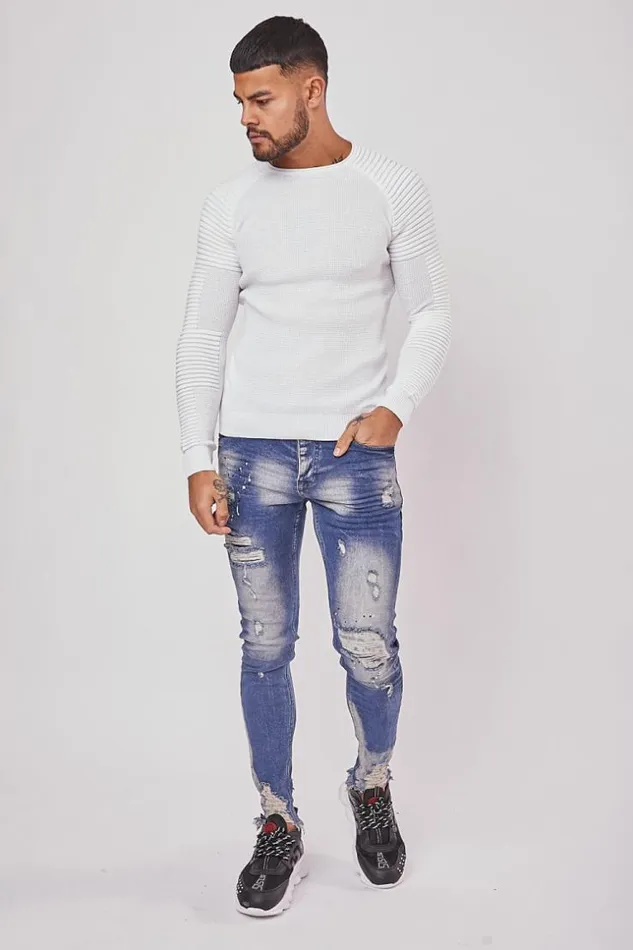 Men Fine Knit White Sweater Brentiny Paris Sweatshirts and Pullovers