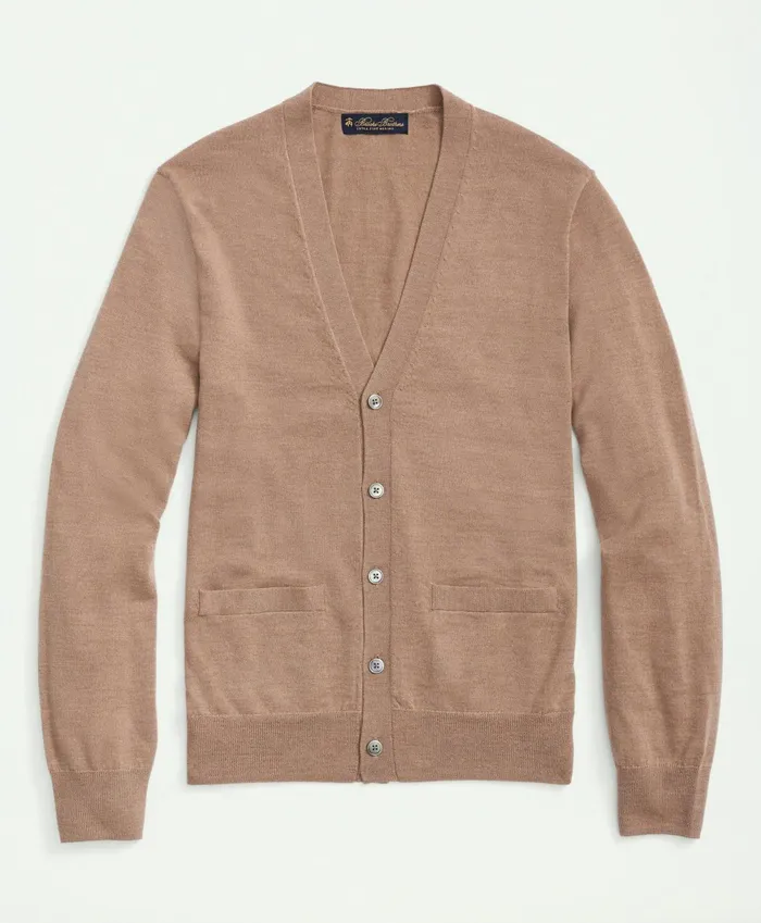Men Fine Merino Wool Cardigan Sweater Camel Brooks Brothers Sweaters