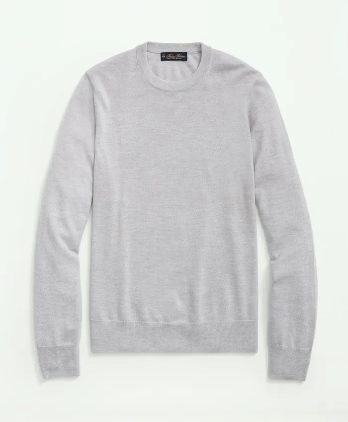 Men Fine Merino Wool Crewneck Sweater Light Grey Heather Brooks Brothers Sweaters
