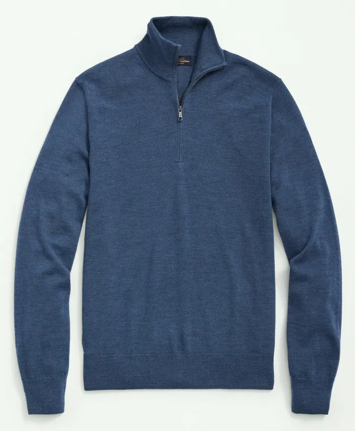 Men Fine Merino Wool HalfZip Sweater Blue Heather Brooks Brothers Sweaters