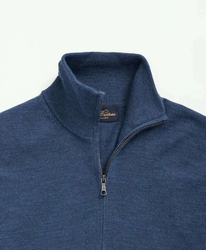 Men Fine Merino Wool HalfZip Sweater Blue Heather Brooks Brothers Sweaters