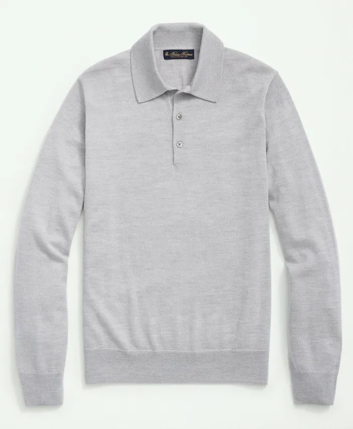 Men Fine Merino Wool Sweater Polo Light Grey Heather Brooks Brothers Sweaters
