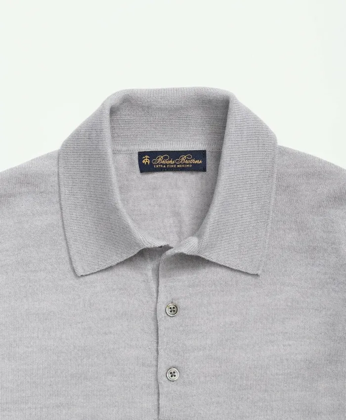 Men Fine Merino Wool Sweater Polo Light Grey Heather Brooks Brothers Sweaters