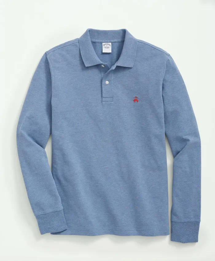 Men Golden Fleece Big and Tall Stretch Supima LongSleeve Polo Shirt Denim Heather Brooks Brothers Polo and Rugby Shirts